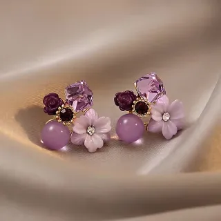 Purple Crystal Flower Stud Earrings